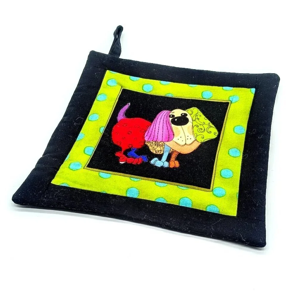 Loralie Harris Quilted Cotton Dog Happy Square Oven Pot Holder
